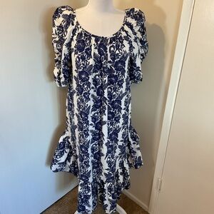 Hilo Hattie Navy White Floral MuuMuu Hawaiian Island Midi Dress Ruffle Size M